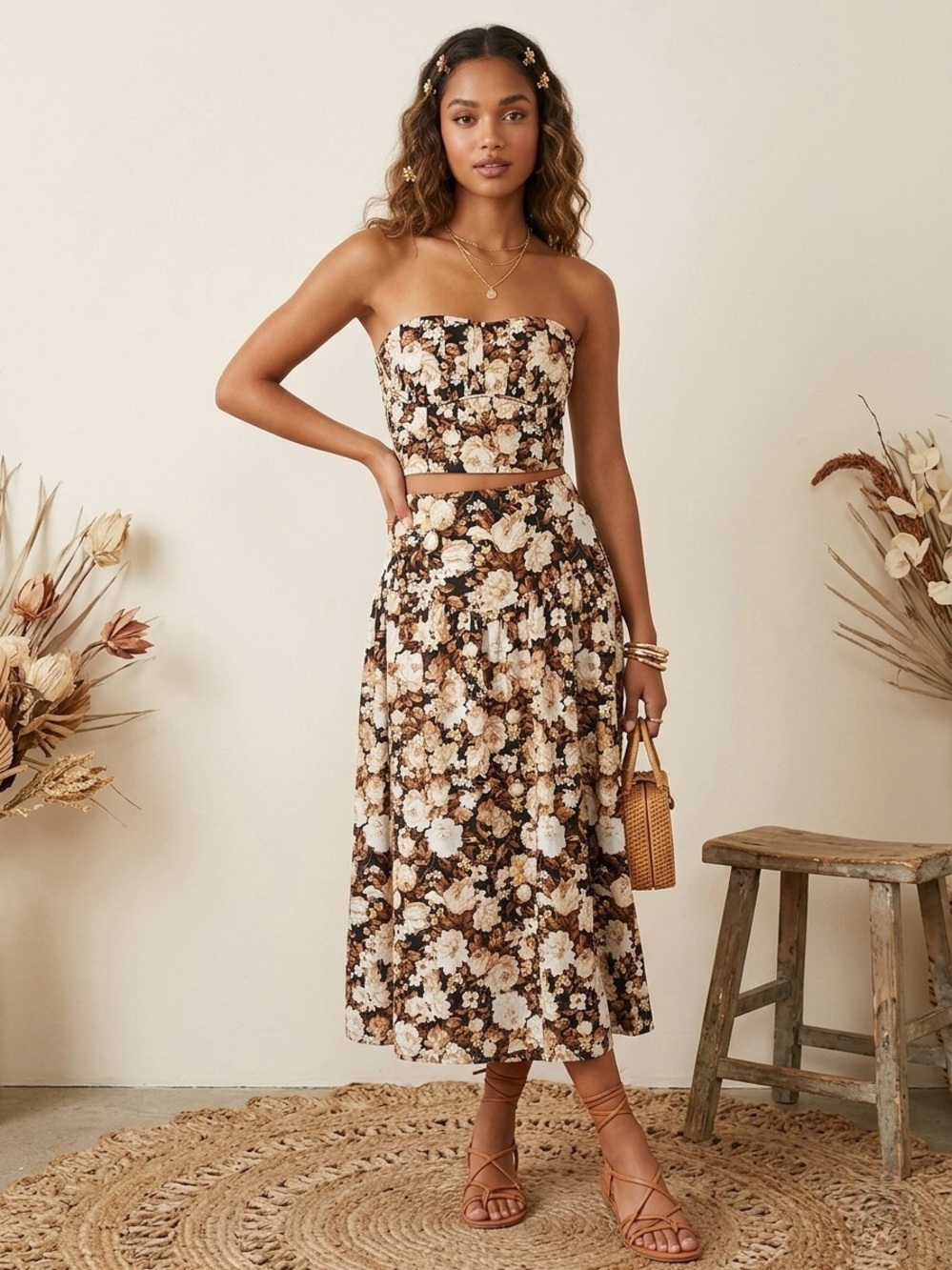 Abercrombie & Fitch Brown Floral Tube Top and Midi Skirt Set